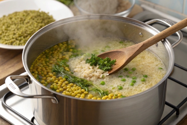 پخت عدس و سبزیجات برای آش کدو حلوایی