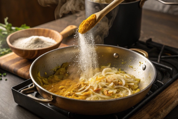  اضافه کردن آرد و زردچوبه برای تهیه اشکنه ماست مشهدی