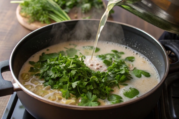  اضافه کردن سبزی و آب برای تهیه اشکنه ماست مشهدی