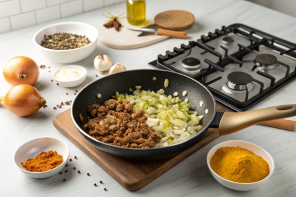 سرخ کردن گوشت چرخ کرده و پیاز برای تهیه ماش پلو اصفهانی