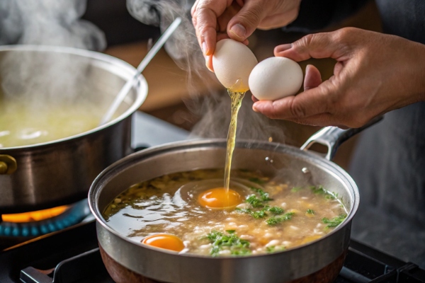  اضافه کردن تخم‌مرغ‌ها برای تهیه اشکنه ماست مشهدی 