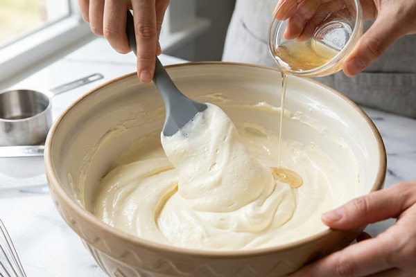 فولد کردن خامه ترش و اضافه کردن ژلاتین به فیلینگ چیزکیک لیمویی