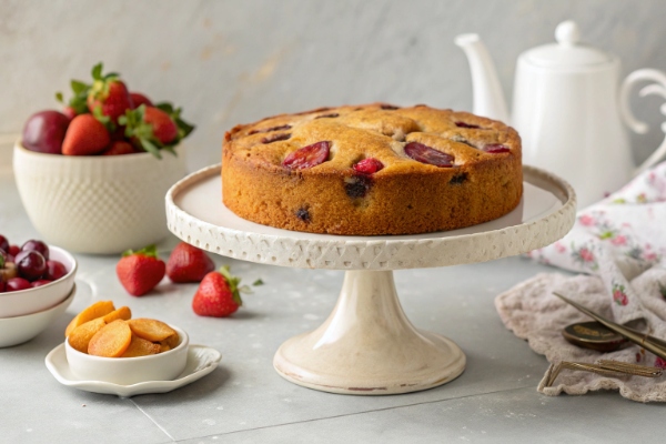 کیک میوه ای در کنار میوه تازه