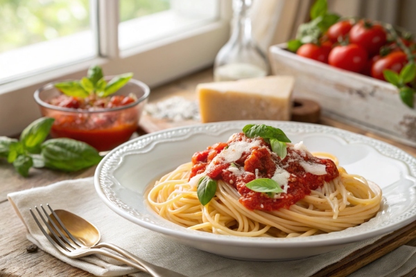 یک بشقاب پاستا گوجه فرنگی