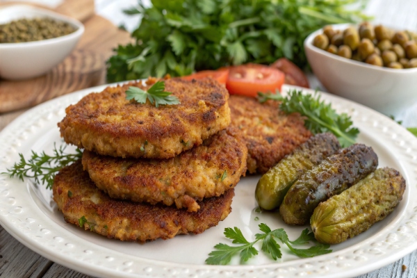 کتلت گوشت با لپه در کنار دورچین خیارشور و گوجه