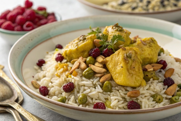 یک بشقاب ماش پلو با مرغ