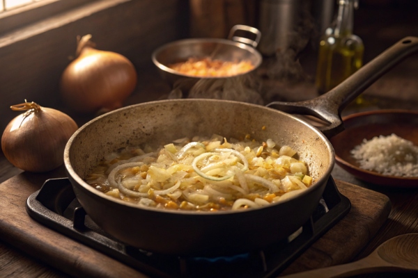  تفت دادن پیاز برای تهیه اشکنه ماست مشهدی