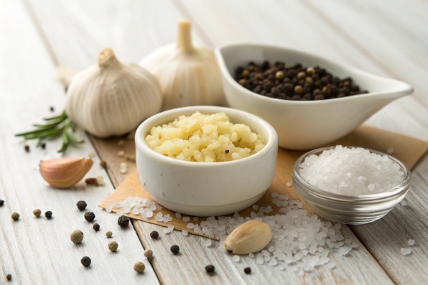 آماده کردن سیر و ادویه‌ها برای تهیه کنگر ماست