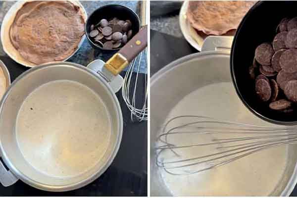 مخلوط کردن شکلات با شیر برای تهیه سس شکلاتی