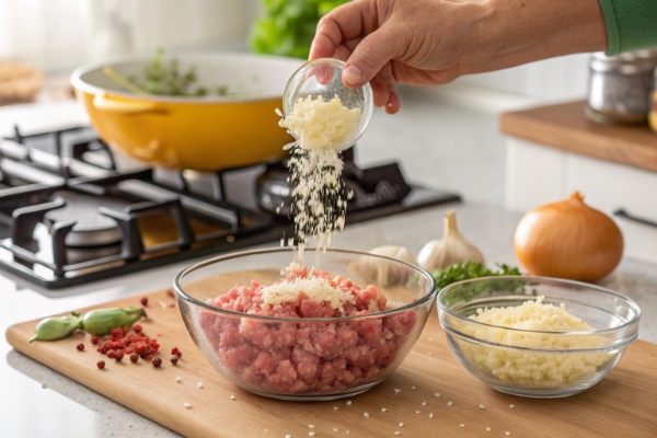 آماده‌سازی پیاز و گوشت چرخ‌کرده برای تهیه کتلت پفکی