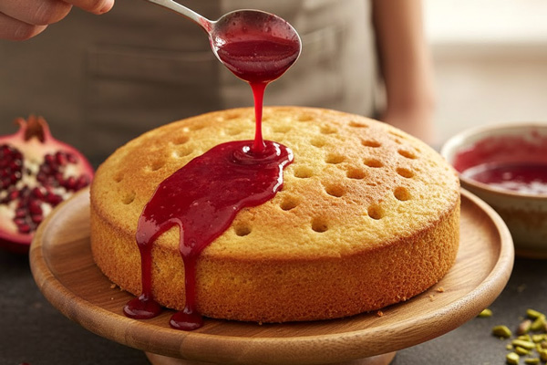 ریختن سس انار روی کیک یلدایی انار