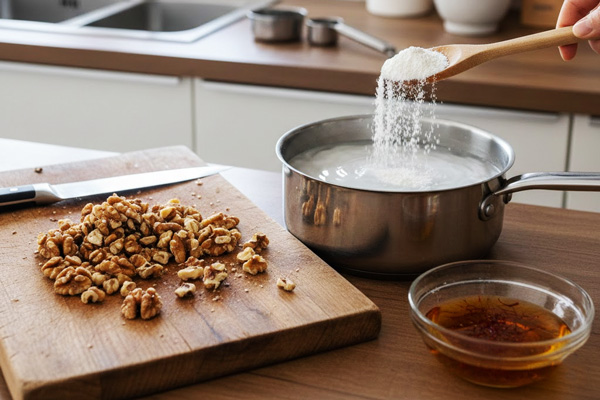 آماده کردن نشاسته، گردو و زعفران در تهیه باسلوق با شیره انگور