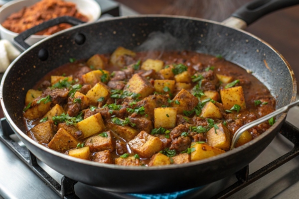  افزودن بادمجان و گوجه به مخلوط گوشت برای تهیه واویشکا بادمجان
