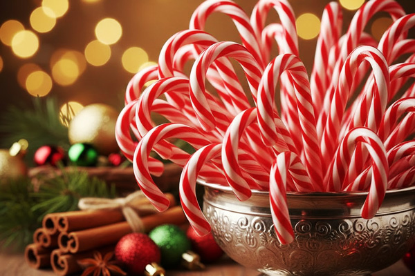 آبنبات عصایی در کنار درخت کریسمس