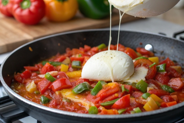 افزودن پنیر و رسیدن به بافت کش‌دار در تهیه املت ترکیه ای