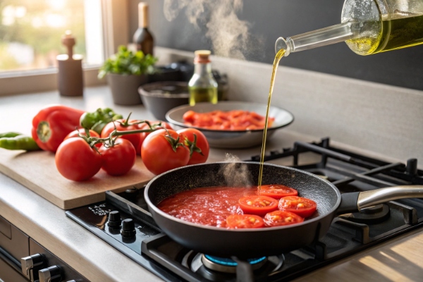 آماده‌سازی و پخت اولیه سس گوجه‌فرنگی برای تهیه پاستا