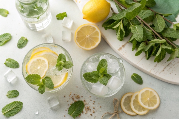 سرو یک لیوان موهیتو در کنار یخ و نعنای تازه