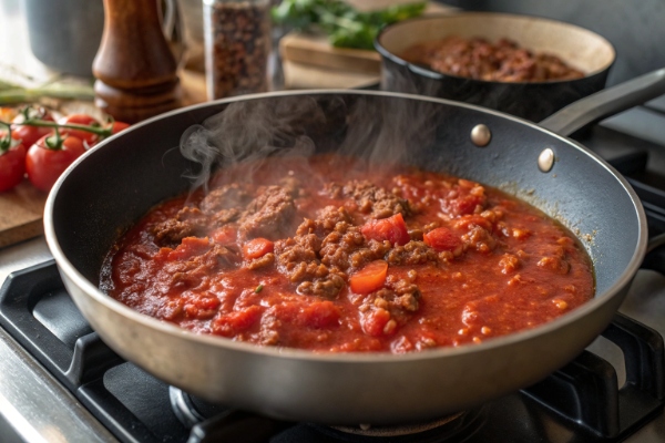 افزودن گوشت و رب گوجه برای تهیه واویشکا بادمجان