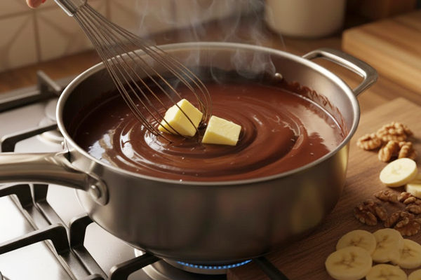 افزودن کره به مخلوط و آماده کردن موز و گردو