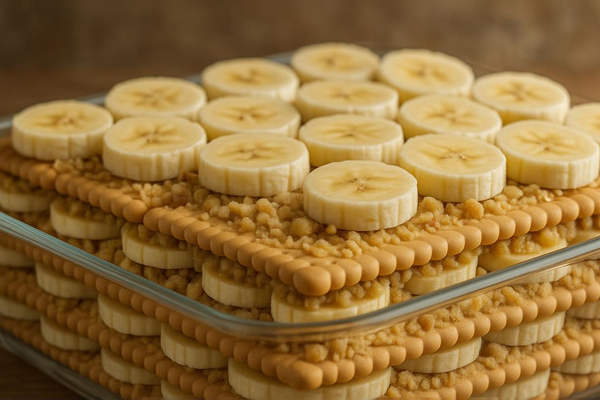 چیدن لایه لایه بیسکویت، موز و گردو خردشده در تهیه کیک یخچالی