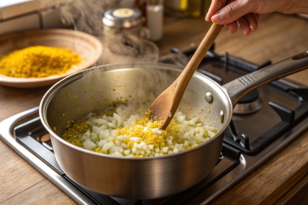 تفت دادن پیاز و آمادهسازی پایه سوپ مرغ با رشته