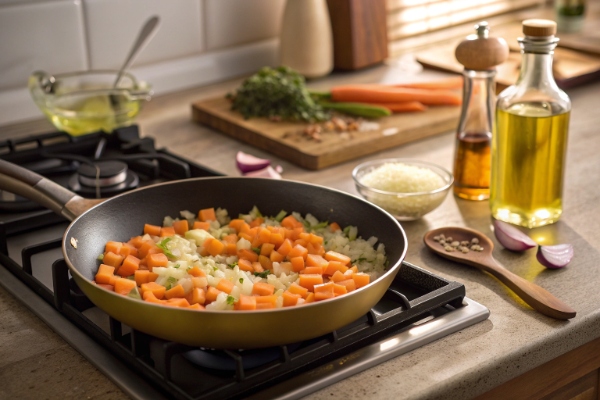 تفت دادن پیاز و هویج برای تهیه سوپ جو پوست کنده 