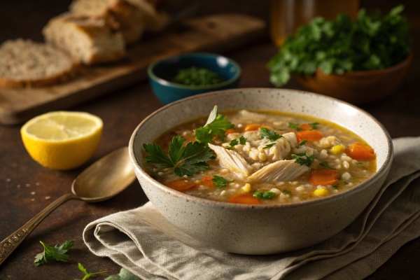 یک کاسه سوپ جو پوست کنده با مرغ