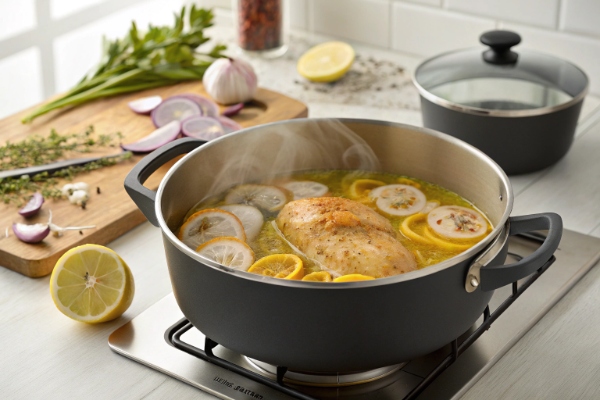  پخت مرغ و آماده‌سازی اولیه برای تهیه سوپ مرغ و جو