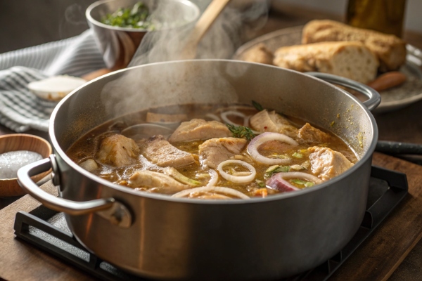  پخت مرغ و آماده‌سازی اولیه برای تهیه سوپ جو پوست کنده 