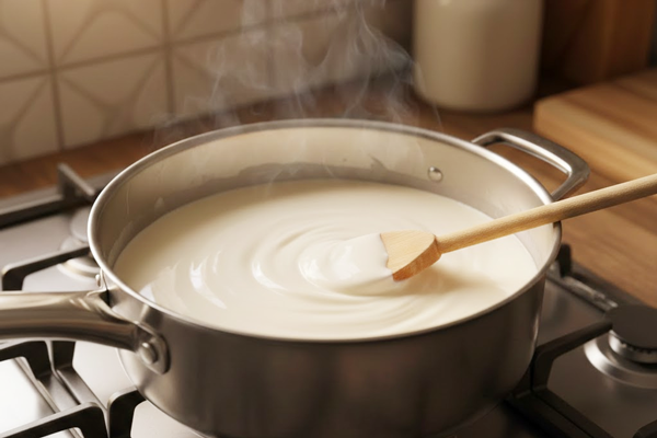 مخلوط کردن شیر و شکر در تهیه کیک یخچالی با موز و گردو