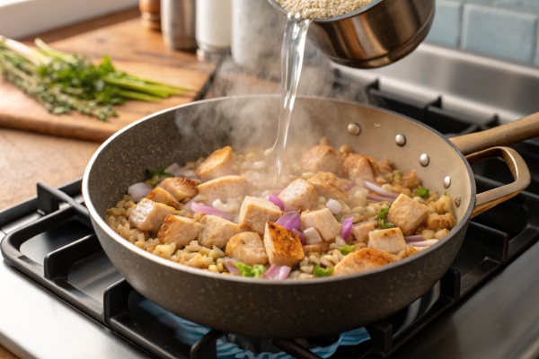 افزودن جو پرک و آب برای تهیه سوپ جو