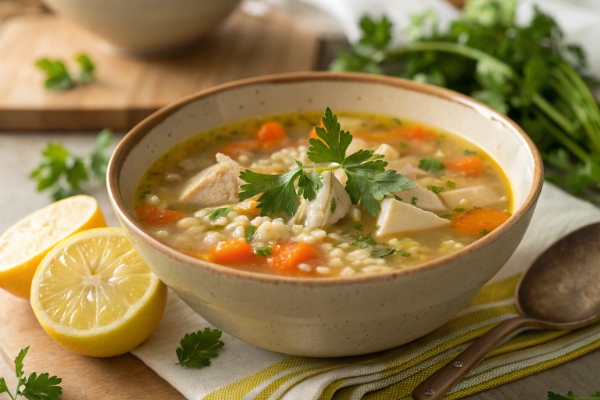 سرو سوپ مرغ و جو در کنار لیموترش