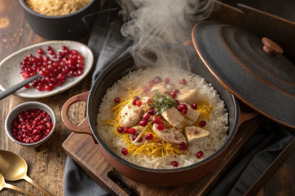 لایهچینی برنج و مواد انار پلو