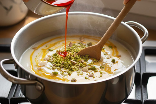 افزودن زعفران دم‌کرده، خلال پسته و بادامخ به ماقوت