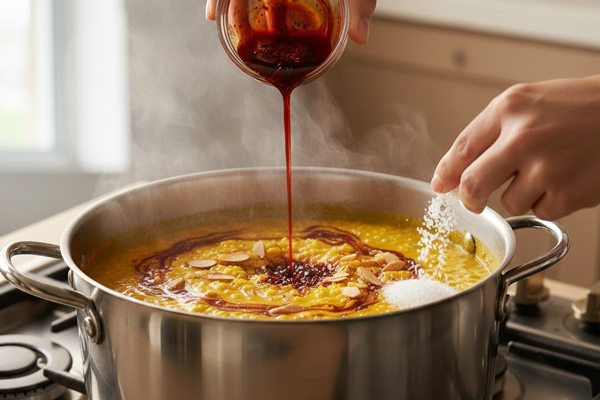 افزودن خلال بادم، شکر و زعفران دم‌کرده