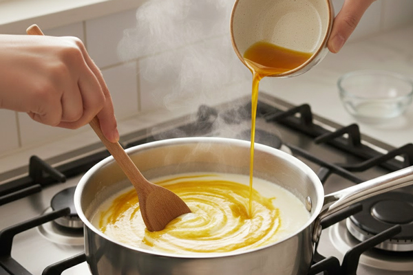 افزودن زعفران به فرنی در حال پخت