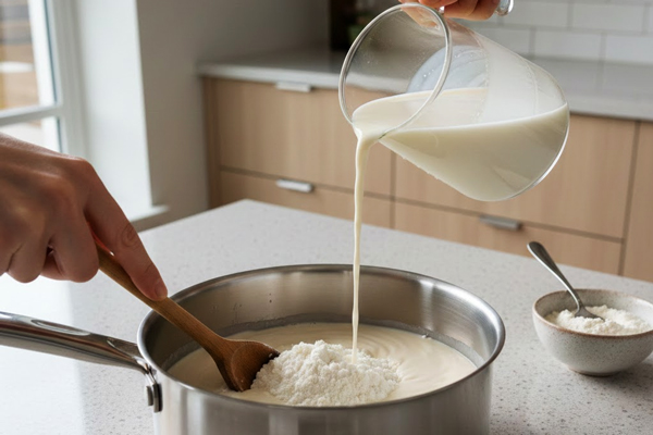 مخلوط کردن شیر سرد با آرد برنج در تهیه فرنی