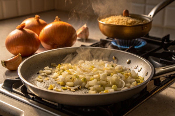 تفت دادن پیاز و سیر برای تهیه اسپاگتی گوجه