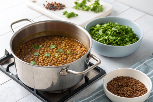 آماده‌سازی سبزی و عدس برای تهیه شلغم پلو