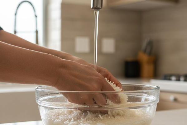 آماده کردن برنج برای تهیه شله زرد ساده