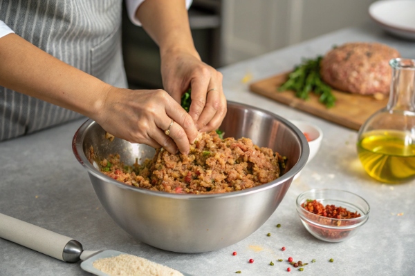 افزودن سبزی، ادویه و مواد طعمدهنده برای تهیه کباب کاکوری