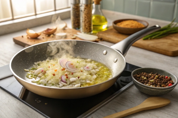 تفت دادن پیاز و ایجاد پایه طعم برای تهیه دمپختک سیب زمینی