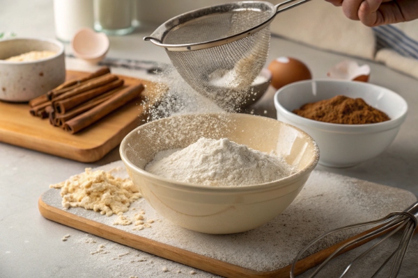 الک کردن آرد برای تهیه کیک هویج و دارچین