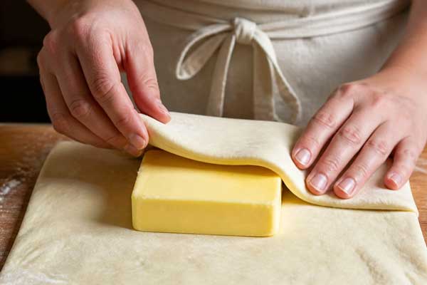 گذاشتن مابقی کره در وسط خمیر شیرینی 