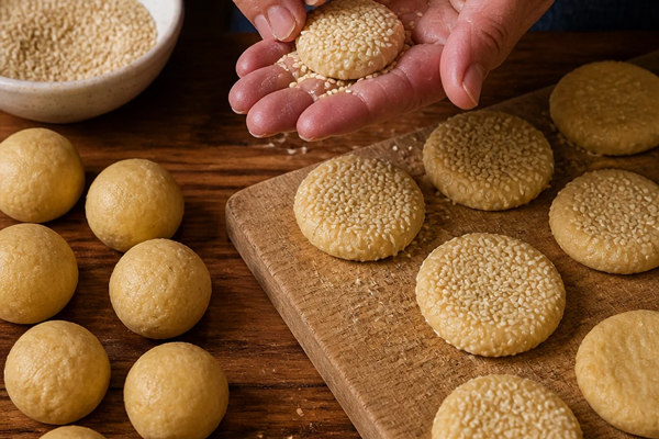 شکل دادن به خمیر کلوچه کنجدی