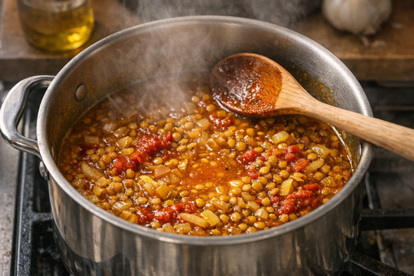 افزودن عدس و آب به قابلمه عدسی مقوی برای سرماخوردگی