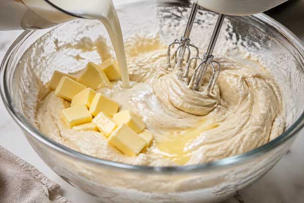 افزودن شیر و روغن به مایه شیرینی دانمارکی در تنور گازی