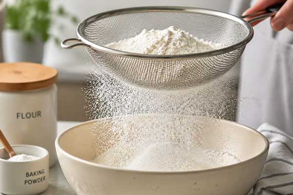 مخلوط کردن آرد و بکینگ‌پودر در تهیه کیک پودینگ