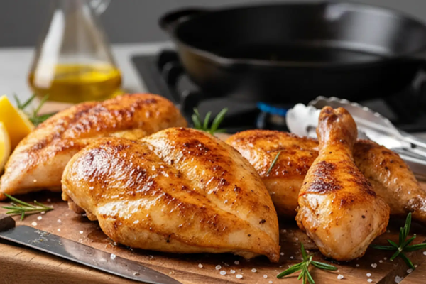 مرغ سرخ کرده برای تهیه خورش کدو حلوایی با مرغ و رب انار 