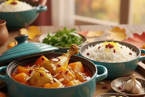 سرو خورش کدو حلوایی با مرغ و رب انار با برنج 